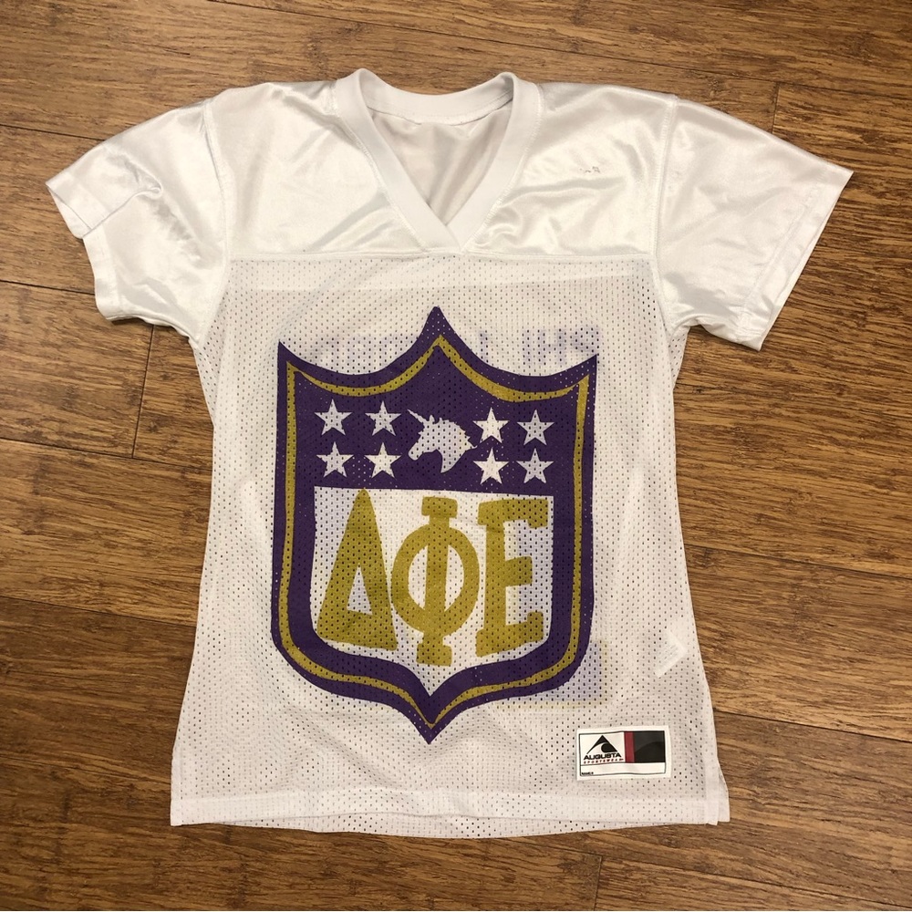 Delta phi epsilon DPHIE white Jersey mesh sports shirt with purple Greek letters